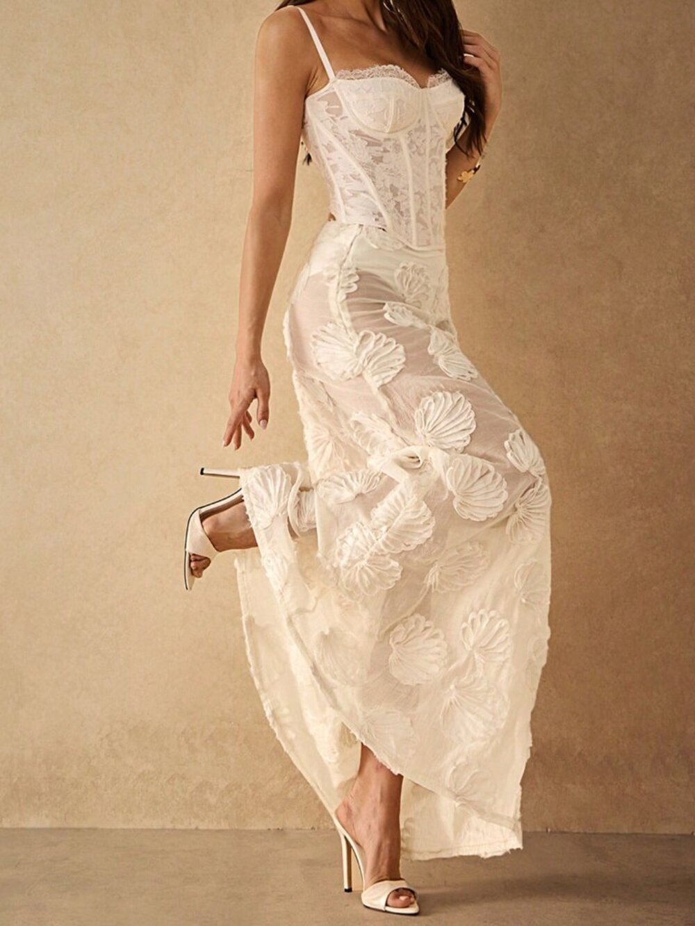 Apricot Elegant Women's Midi Skirt with 3D Floral Embroidered Jacquard Ribbon